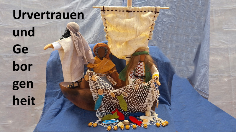 Jesus und Jünger auf dem Schiff. Sturm kommt auf