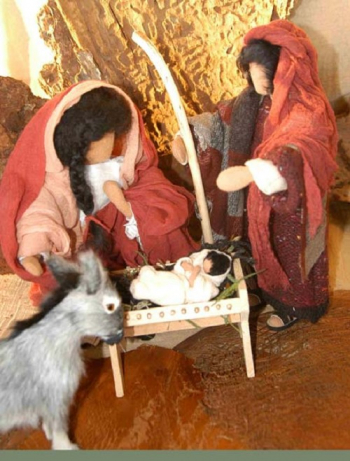 Maria und Josef mit Krippe und Esel, Erzählfigur, Egli-Figur
