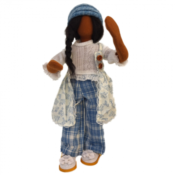 Preview: Frauenkleidung modern - zartblaue Karohose mit Bluse, Schürze, Mütze & Ballerinas