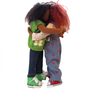 Preview: Grüner Strickpulli mit Blumen & Jeans & Turnschuhe - Frau 28cm