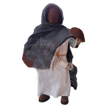 Preview: Hagar - Nebenfrau Abrahams & Stoffrollen & Spulen & Topf im handgehäkelten Netz