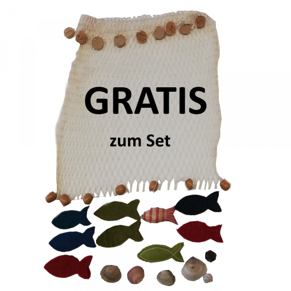 Gesamtset "Jesus im Sturm" - Jesus & 2 Apostel & Segelschiff & Fischernetz & Fisch im Korb & 3 Meter Gaze