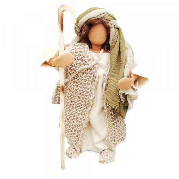 Jona mit handgestrickter Jutekleidung, Tasche und Schuhen