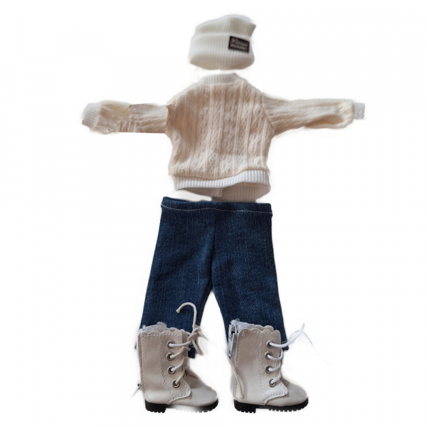 Mädchen 20cm modern - weißer Pulli, Jeans, weiße Stiefel, Kappe