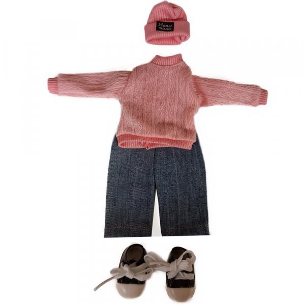 Pinker Pulli, Jeans , Mütze und Turnschuhe für Kind 20cm